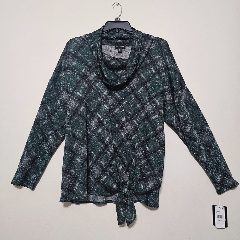 IN Studio Blouse Plus 3X Green Black Plaid Long Sleeve Turtle Neck Shimmer 1062